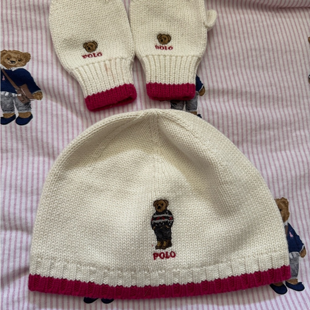 Polo by Ralph Lauren Kids Cream and Pink Knit Hat and Mittens Set